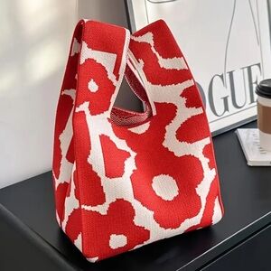 Heavy Woven Knit Flower Pattern Tote Purse Bag Japanese Knot  Closure Style
